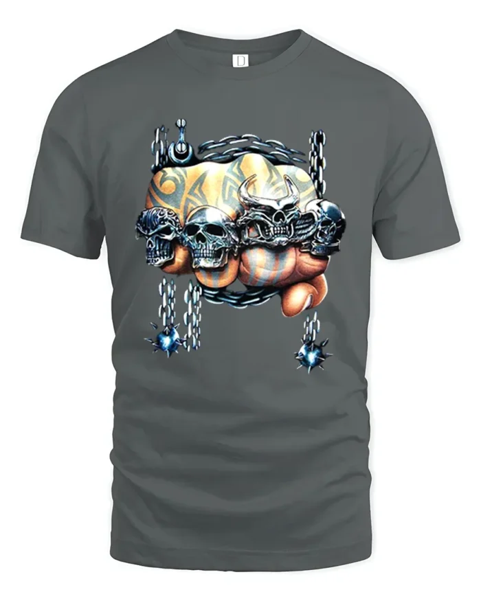 Skull Crusher Fist Metal Rock Graphic T-Shirt - gray t-shirt on white background