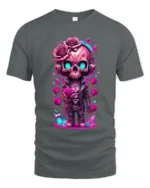 Romantic Skull Cute Skull with Roses T-Shirt - gray t-shirt on white background