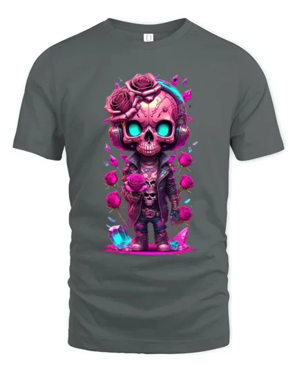 Romantic Skull Cute Skull with Roses T-Shirt - gray t-shirt on white background