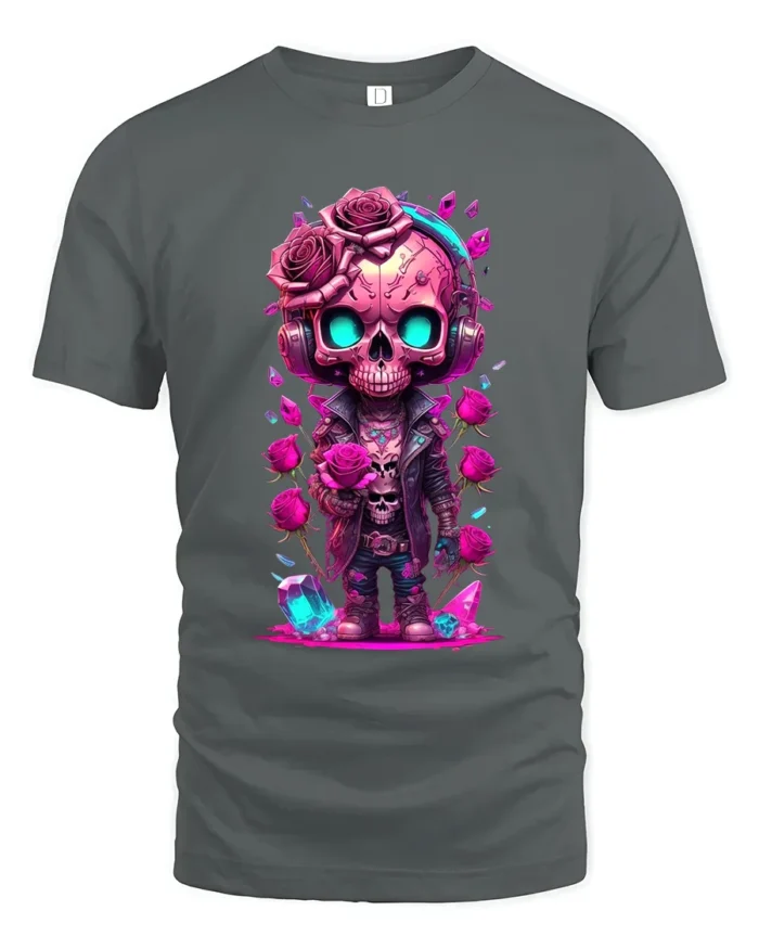 Romantic Skull Cute Skull with Roses T-Shirt - gray t-shirt on white background