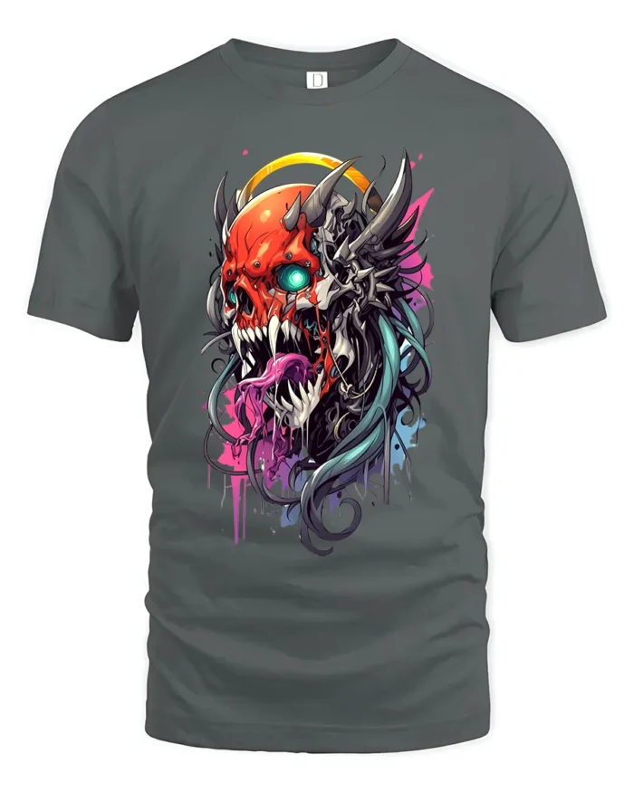 Cyberpunk Oni T-Shirt Futuristic Demon Skull - gray t-shirt on white background
