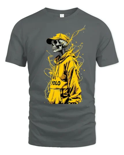 Urban YOLO Skull Trendy Skeleton Hoodie T-Shirt - gray t-shirt on white background