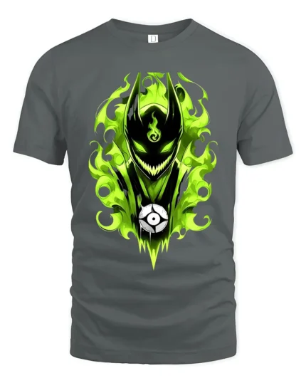 Green Flame Demon Eerie Monster Graphic T-Shirt - gray t-shirt on white background