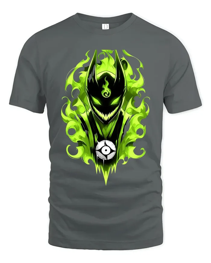 Green Flame Demon Eerie Monster Graphic T-Shirt - gray t-shirt on white background