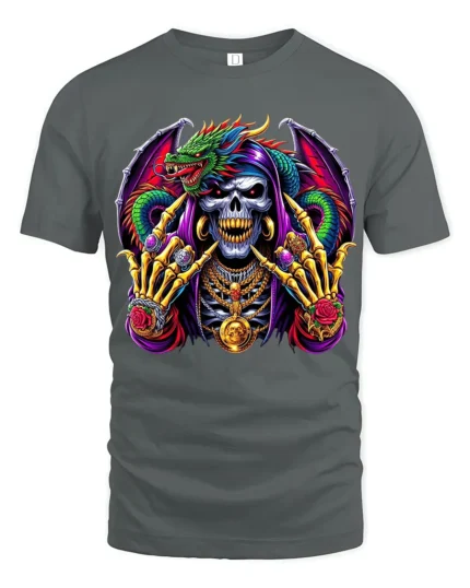 Jeweled Skull Dragon T-Shirt Edgy Fantasy Tee Now - gray t-shirt on white background