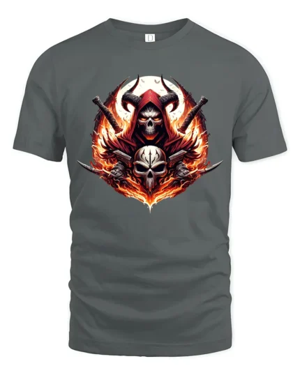 Blazing Skull Swords Dark Fantasy Warrior Tee - gray t-shirt on white background