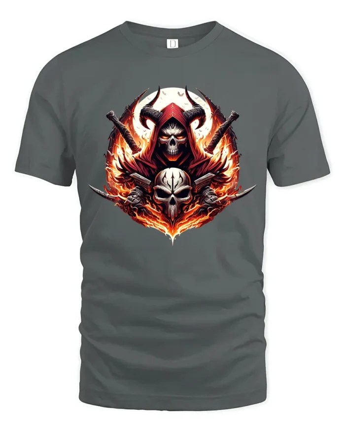 Blazing Skull Swords Dark Fantasy Warrior Tee - gray t-shirt on white background