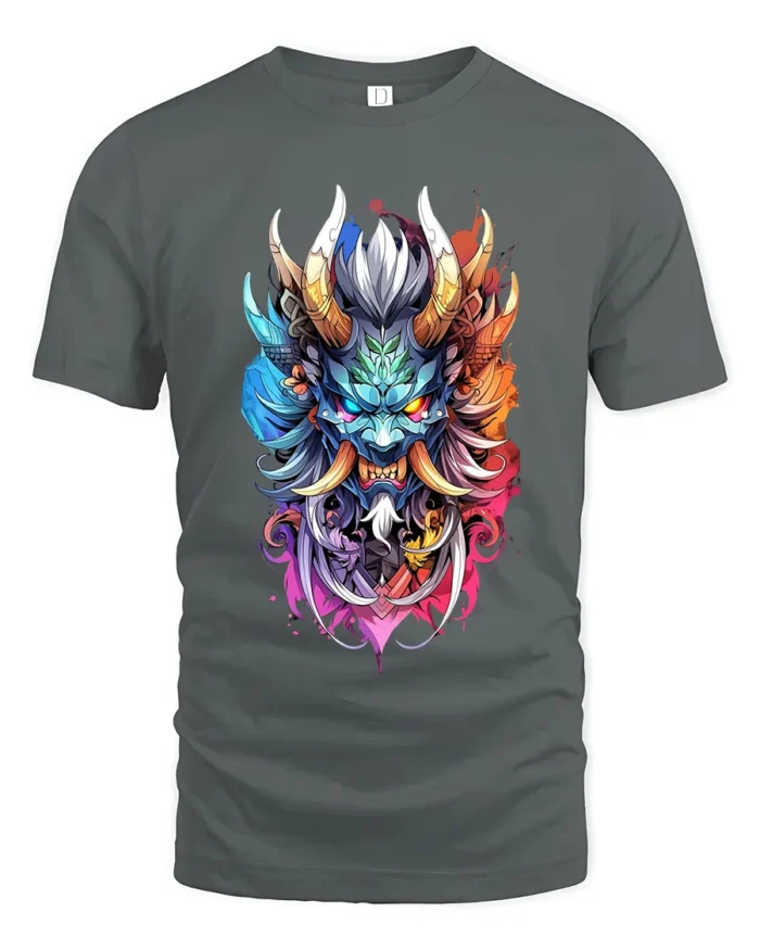 Colorful Oni Mask Japanese Demon Art T-Shirt - gray t-shirt on white background