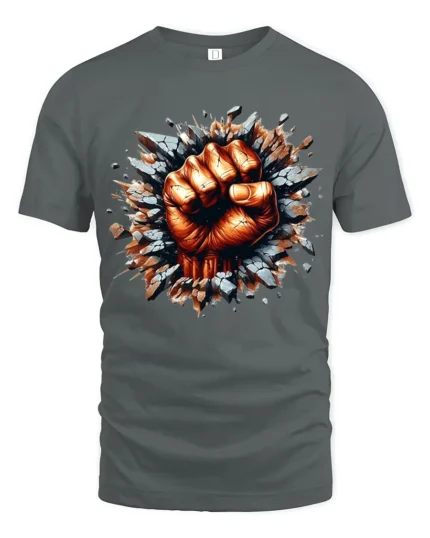 Power Punch Strong Fist Breaking Wall T-Shirt - gray t-shirt on white background