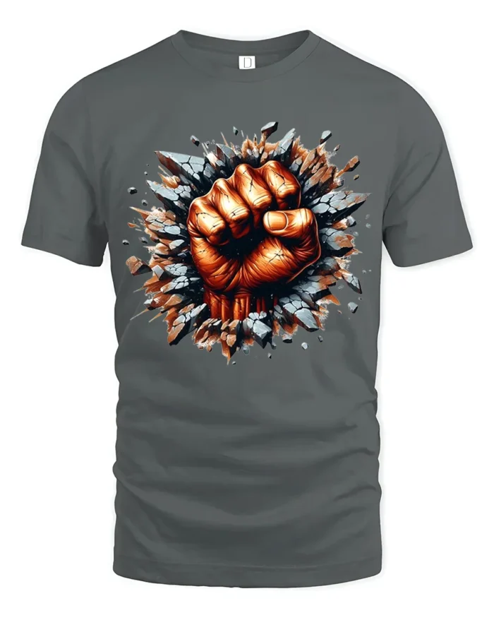 Power Punch Strong Fist Breaking Wall T-Shirt - gray t-shirt on white background