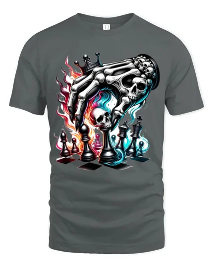 Death Plays Chess T-Shirt Skeleton Hand Game - gray t-shirt on white background