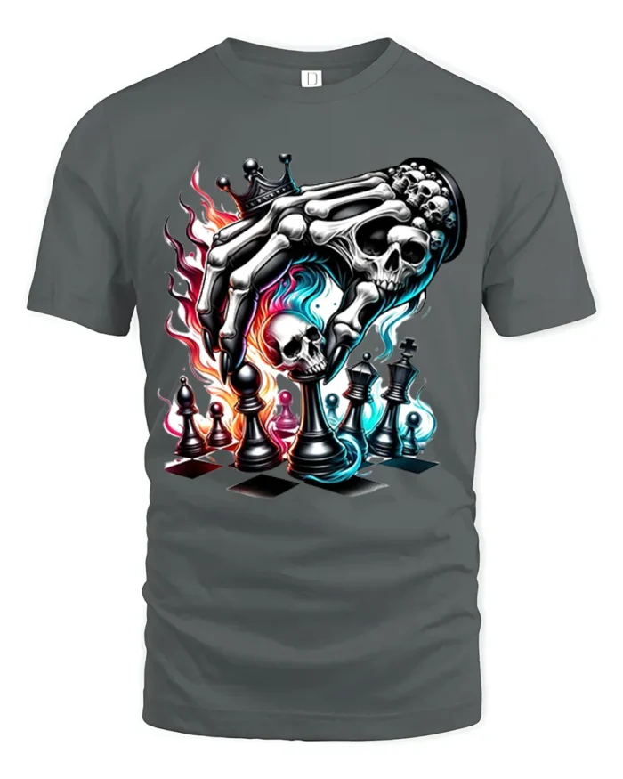 Death Plays Chess T-Shirt Skeleton Hand Game - gray t-shirt on white background