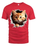 Hole in Tee Cat T-Shirt Cute Tabby Kitten Graphic - red t-shirt on white background
