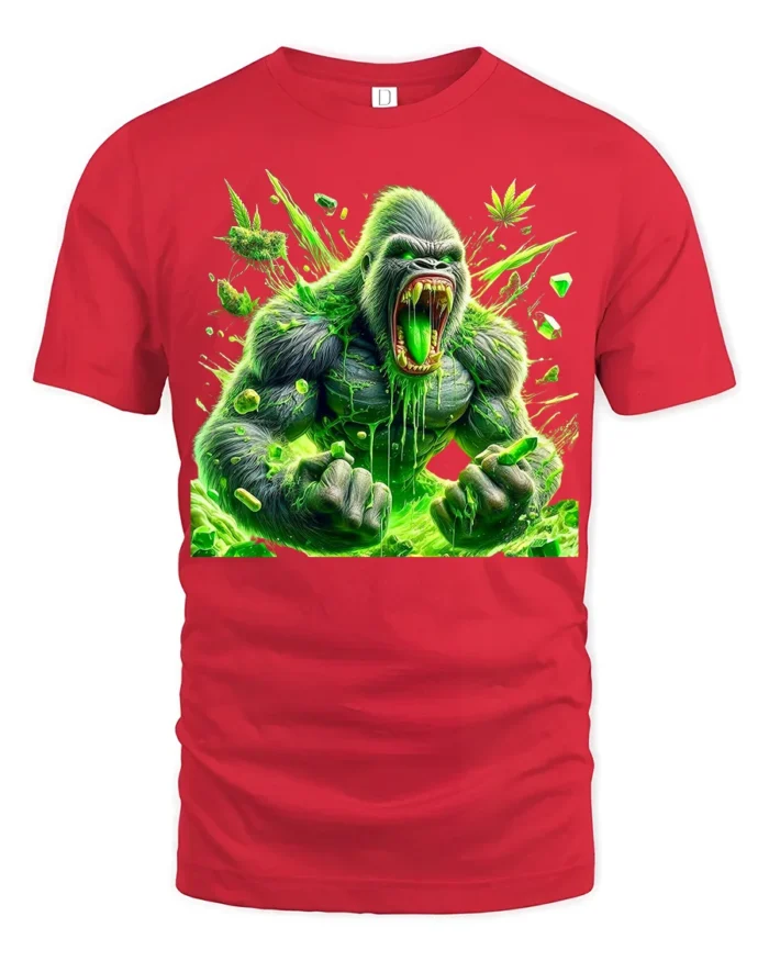 Green Ape Haze Tee Funny Gorilla Cannabis T-Shirt - red t-shirt on white background