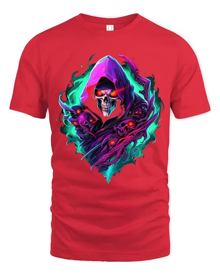 Spectral Death Cool Grim Reaper Skull T-Shirt - red t-shirt on white background