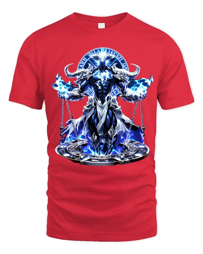 Azure Horned Warrior Powerful Fantasy Knight T-Shirt - red t-shirt on white background