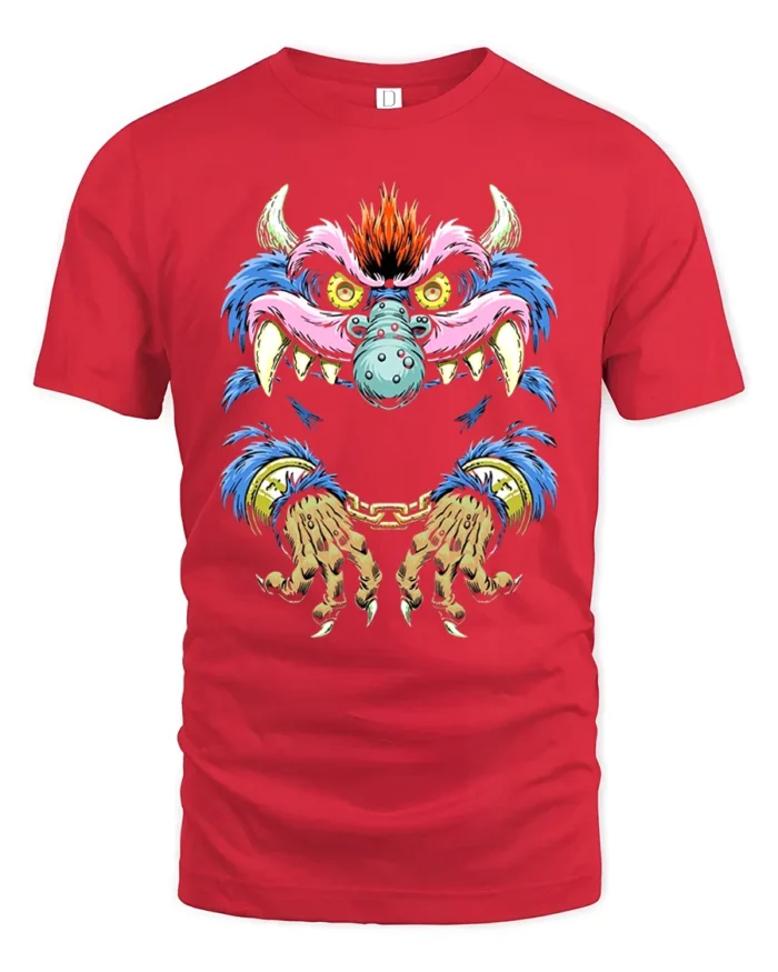 Crazy Monster Grin Tee Unique Colorful Monster Now - red t-shirt on white background