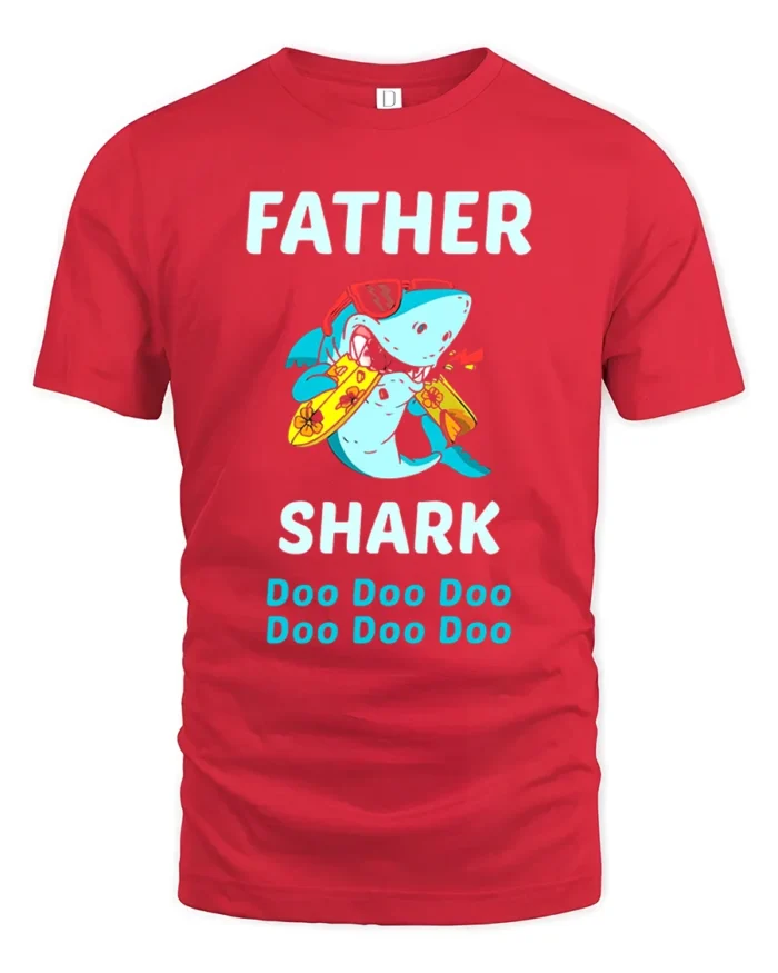 Father Shark Funny Dad Shark Doo Doo T-Shirt - red t-shirt on white background