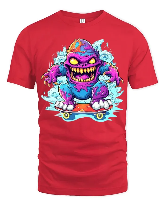 Skate Monster Funny Cartoon Skateboard T-Shirt - red t-shirt on white background