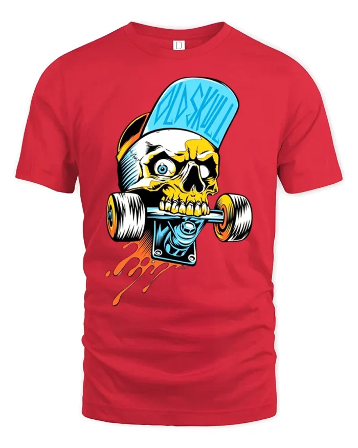 Cool Skull Skateboard Funny Skeleton Rider Tee - red t-shirt on white background