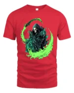 Green Reaper Scythe Grim Reaper Graphic T-Shirt - red t-shirt on white background