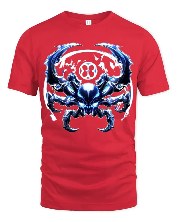 Cyber Spider Metallic Alien Insect Graphic T-Shirt - red t-shirt on white background