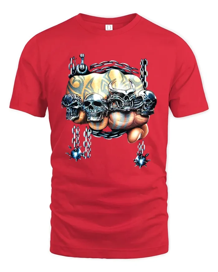 Skull Crusher Fist Metal Rock Graphic T-Shirt - red t-shirt on white background