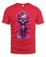 Romantic Skull Cute Skull with Roses T-Shirt - red t-shirt on white background