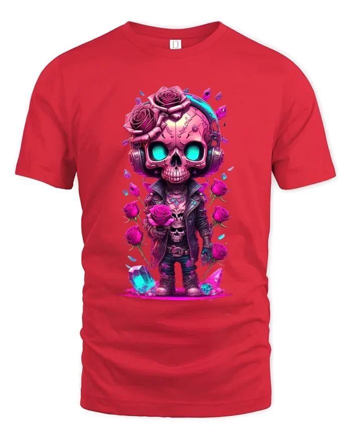 Romantic Skull Cute Skull with Roses T-Shirt - red t-shirt on white background
