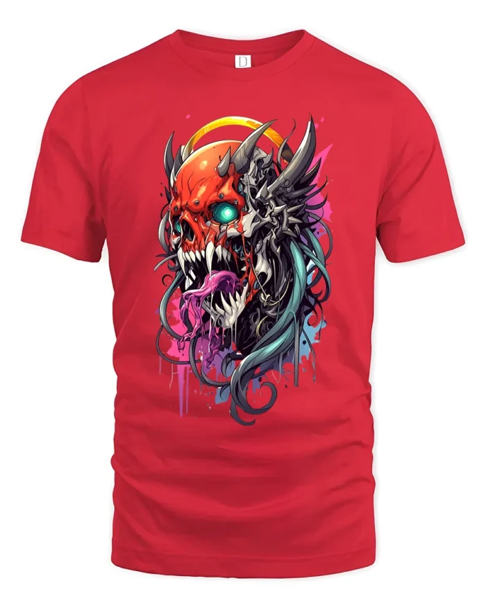 Cyberpunk Oni T-Shirt Futuristic Demon Skull - red t-shirt on white background