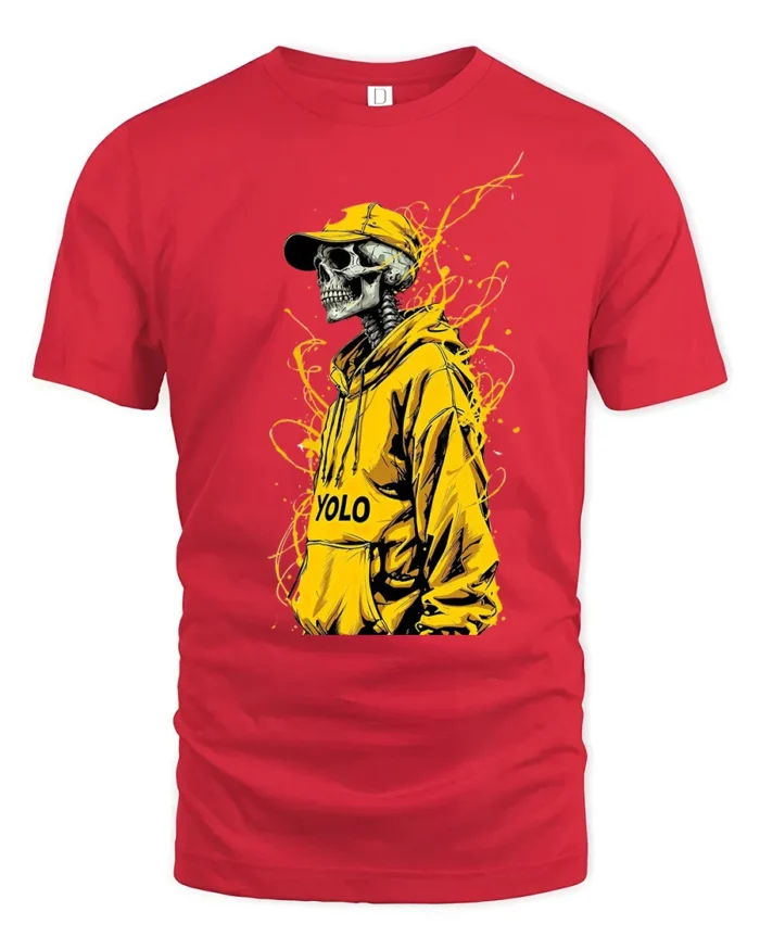 Urban YOLO Skull Trendy Skeleton Hoodie T-Shirt - red t-shirt on white background
