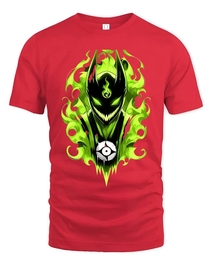 Green Flame Demon Eerie Monster Graphic T-Shirt - red t-shirt on white background