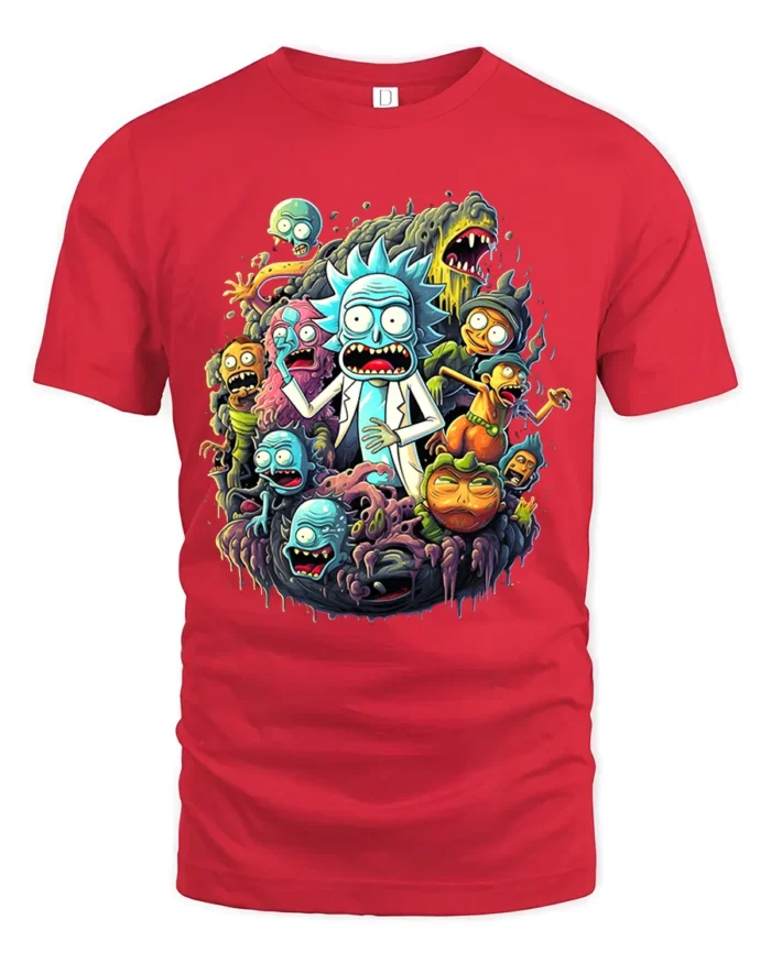 Rick and Morty Multiverse Funny Cartoon T-Shirt - red t-shirt on white background