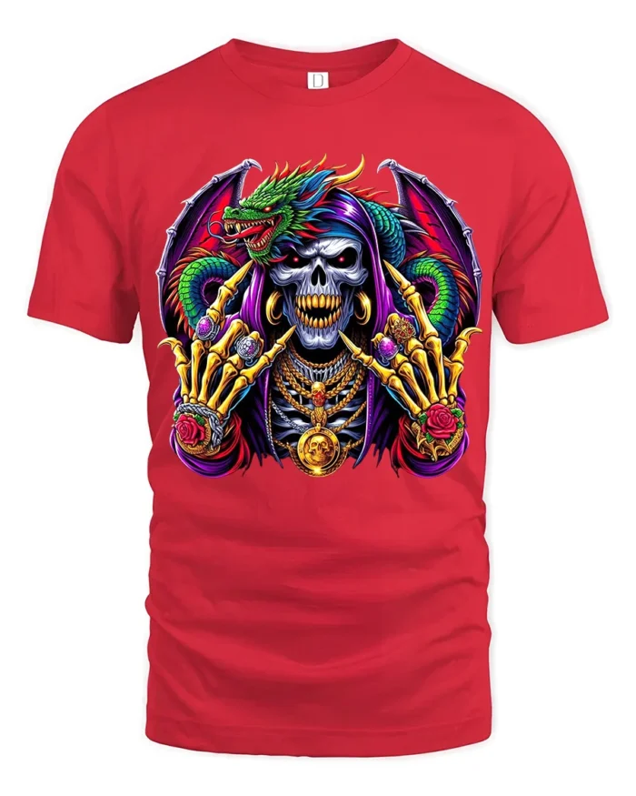Jeweled Skull Dragon T-Shirt Edgy Fantasy Tee Now - red t-shirt on white background