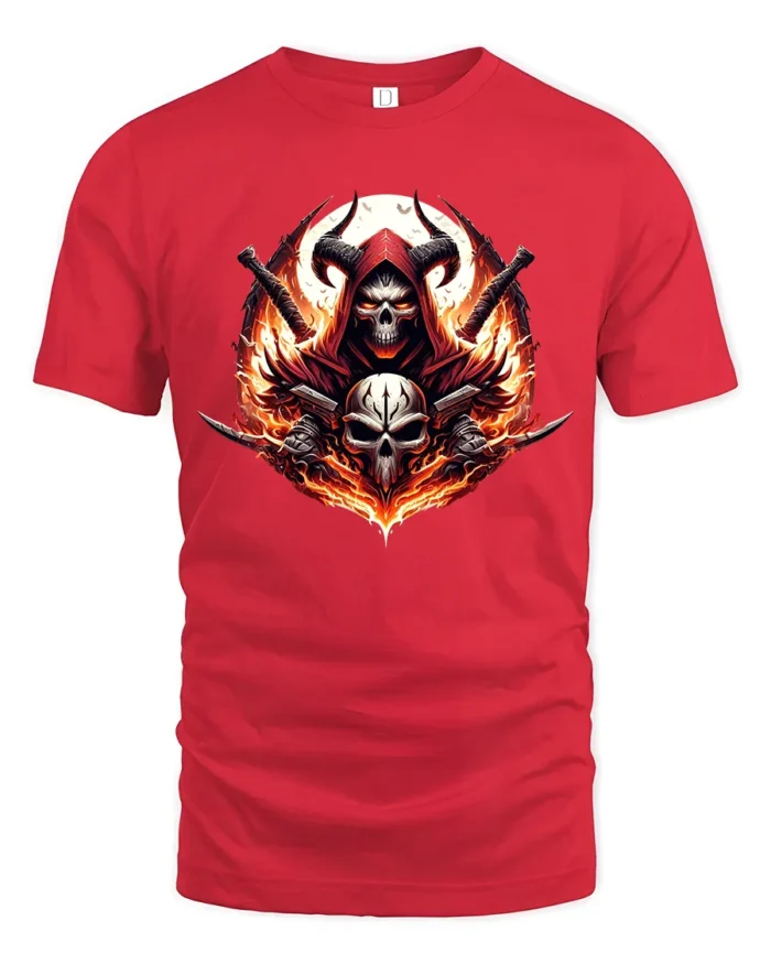 Blazing Skull Swords Dark Fantasy Warrior Tee - red t-shirt on white background