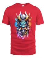 Colorful Oni Mask Japanese Demon Art T-Shirt - red t-shirt on white background
