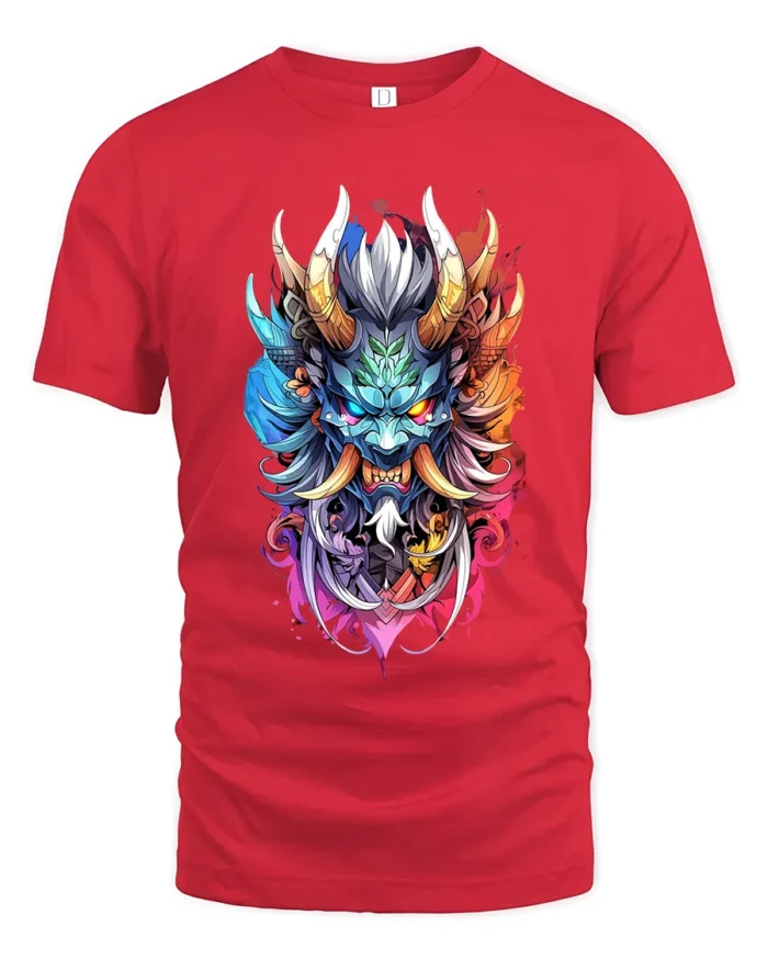 Colorful Oni Mask Japanese Demon Art T-Shirt - red t-shirt on white background