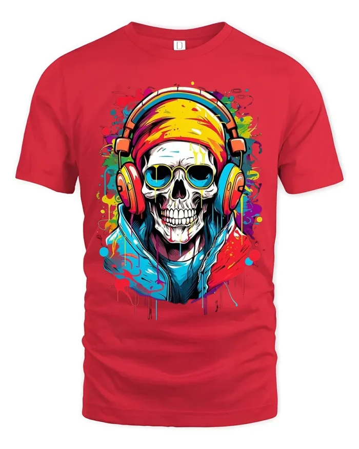 Skull Music Lover Cool Skeleton DJ T-Shirt - red t-shirt on white background