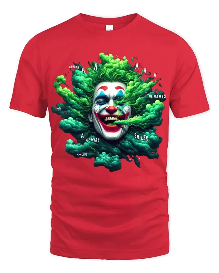 Green Smoke Joker T-Shirt Crazy Clown Graphic Tee - red t-shirt on white background