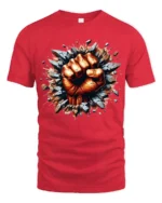 Power Punch Strong Fist Breaking Wall T-Shirt - red t-shirt on white background