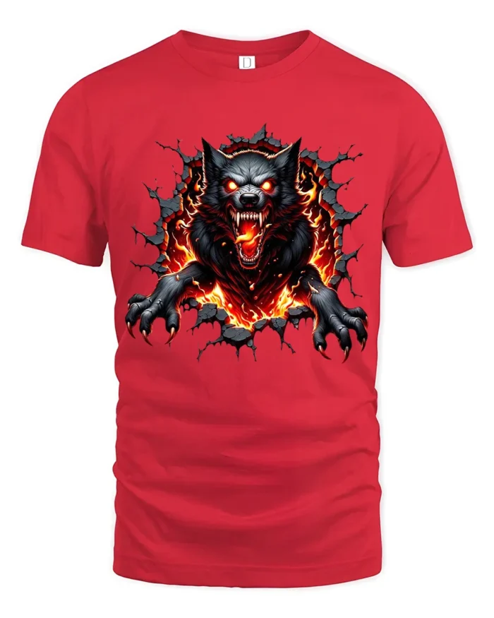 Fiery Wolf Breakout  Angry Wolf Graphic T-Shirt - red t-shirt on white background