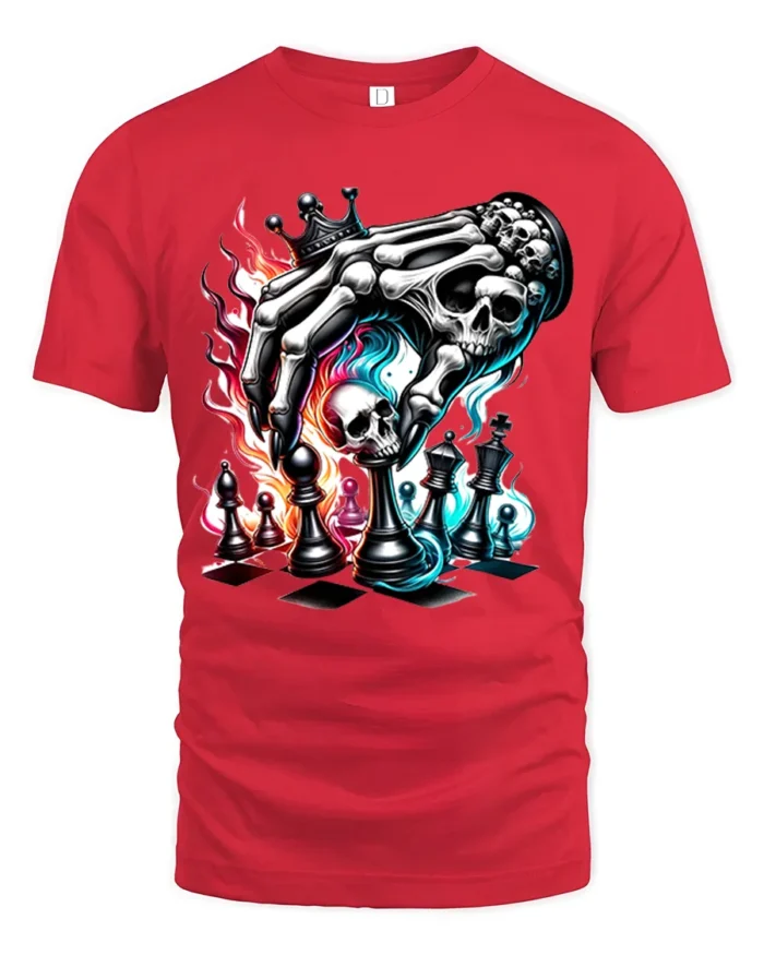 Death Plays Chess T-Shirt Skeleton Hand Game - red t-shirt on white background