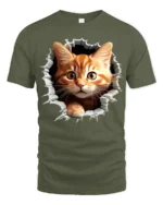 Hole in Tee Cat T-Shirt Cute Tabby Kitten Graphic - military green t-shirt on white background