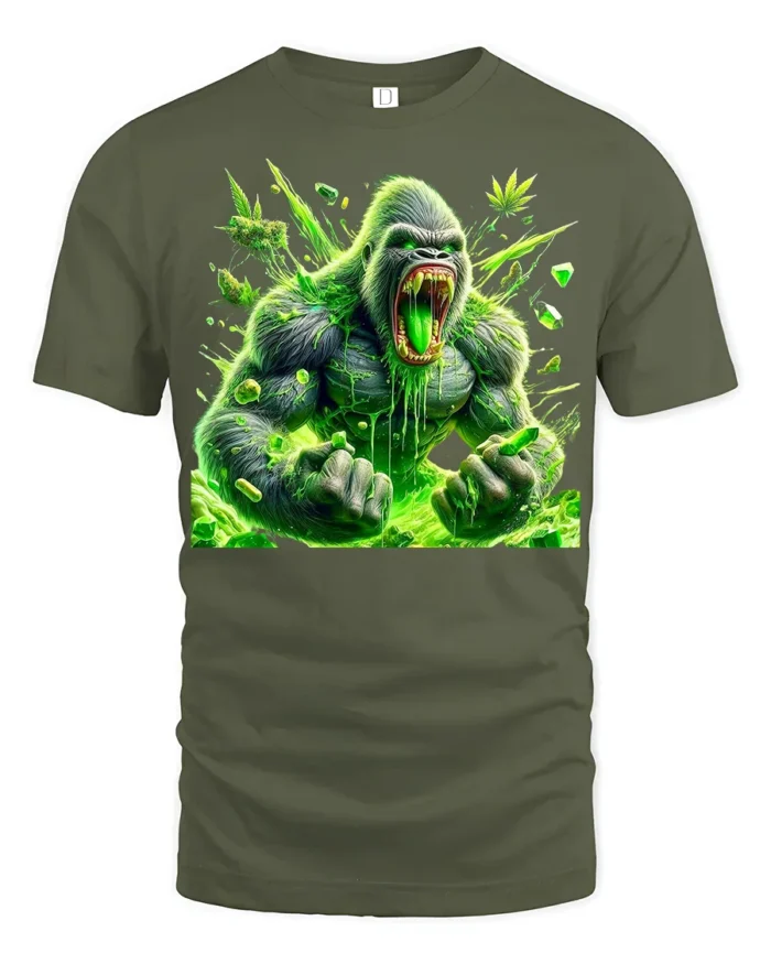 Green Ape Haze Tee Funny Gorilla Cannabis T-Shirt - military green t-shirt on white background
