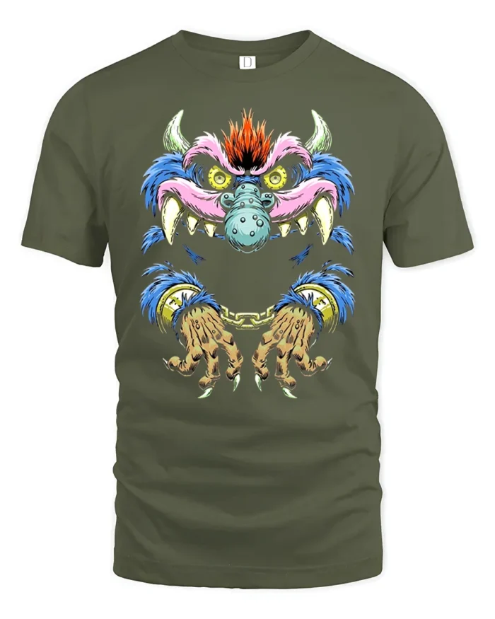 Crazy Monster Grin Tee Unique Colorful Monster Now - military green t-shirt on white background