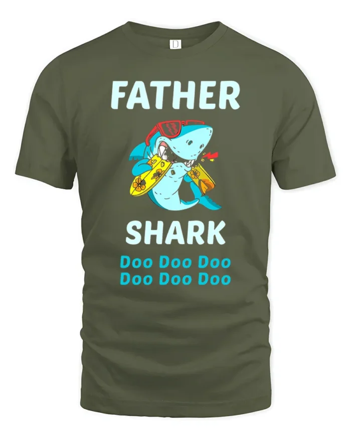 Father Shark Funny Dad Shark Doo Doo T-Shirt - military green t-shirt on white background