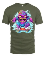 Skate Monster Funny Cartoon Skateboard T-Shirt - military green t-shirt on white background