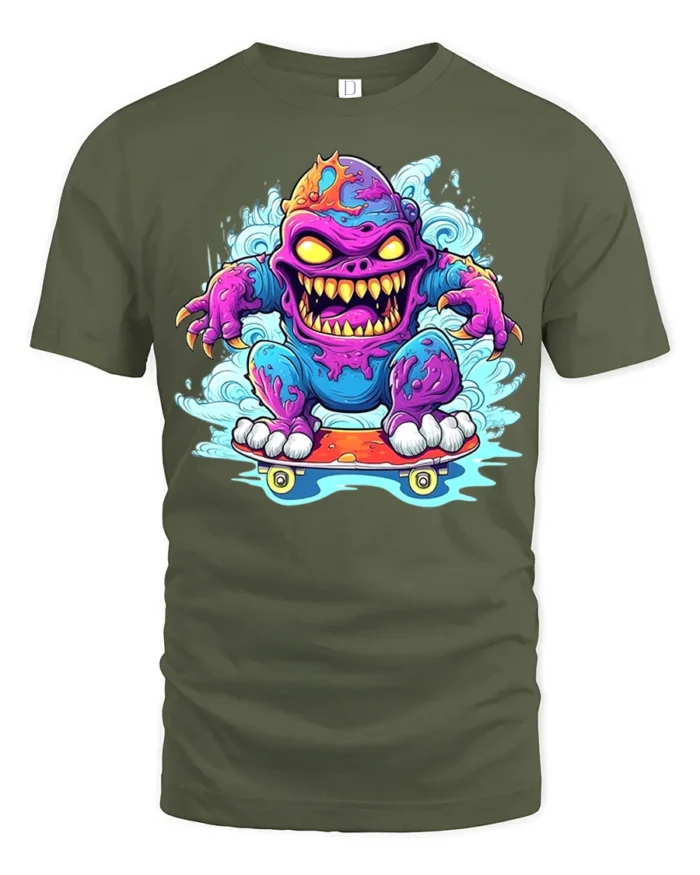 Skate Monster Funny Cartoon Skateboard T-Shirt - military green t-shirt on white background