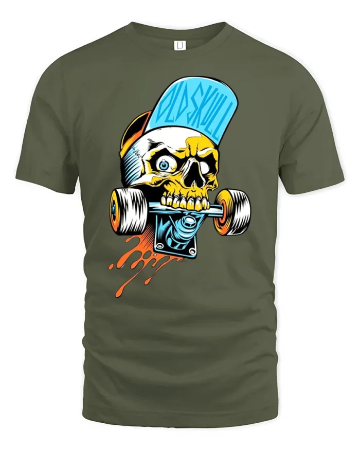 Cool Skull Skateboard Funny Skeleton Rider Tee - military green t-shirt on white background