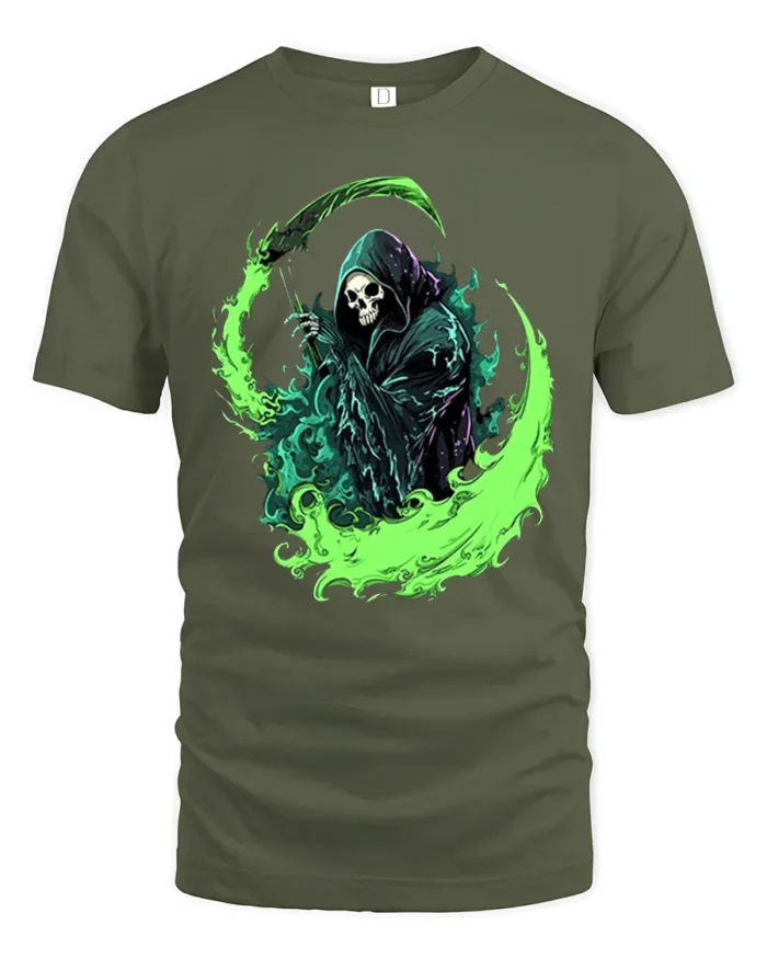 Green Reaper Scythe Grim Reaper Graphic T-Shirt - military green t-shirt on white background
